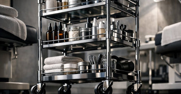A sleek, organized rolling cart stocked with professional spa and waxing products, showcasing a flexible backbar solution for estheticians.