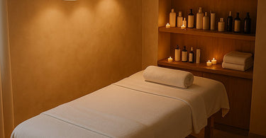 Professional spa and salon lighting setup showing a magnifying lamp and LED task lighting on a modern treatment table