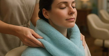 A stack of soft, white neck strip towels neatly folded in a modern spa setting