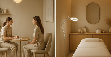 Professional spa consultation room setup with comfortable seating and elegant decor