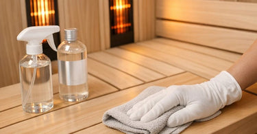 A close-up view of a spa professional's hands gently cleaning the warm, wooden interior of an infrared sauna with a soft cloth and a spray bottle of wood-safe cleaner.