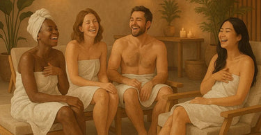 A spa professional and client sharing a genuine, joyful laugh during a relaxing treatment