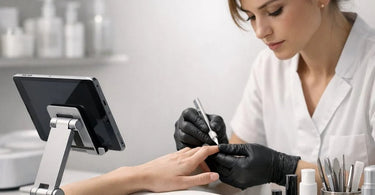 A sleek, modern personal device stand holding a smartphone on a well-organized professional manicure station, ready for a salon client.