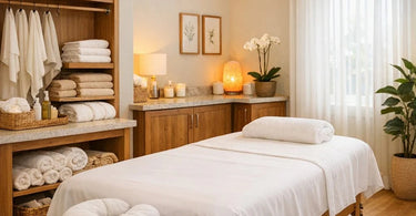 A neatly organized massage room featuring a dedicated draping station with stacked fluffy white towels and sheets on wooden shelves, a towel steamer, and a professional massage table prepared for a client, emphasizing spa organization and client comfort.