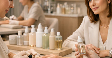 A modern nail salon technician applying clean, toxin-free nail polish to a client's nails in a bright, healthy, and beautifully designed salon space.