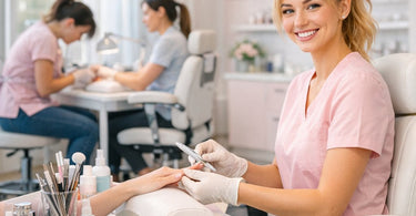 Nail technician sitting comfortably in an ergonomic black mesh salon chair, smiling and working on a client's nails, illustrating how proper seating eliminates back pain and hunching.