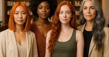 A stylist consulting with a smiling client in a salon chair, showing hair color swatches, representing the personal and professional impact of hair color services.