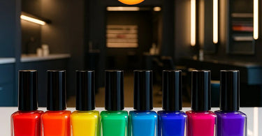 A beautifully organized nail polish wall display sorted by color gradient in a modern salon