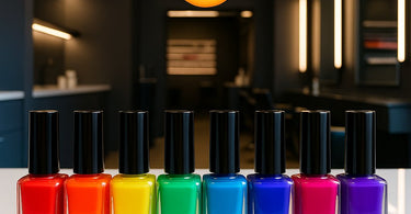 A beautifully organized nail polish wall display sorted by color gradient in a modern salon