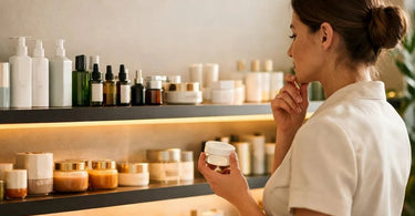 A stylish and well-organized retail wall in a spa or salon, with products like serums, scrubs, and nail polishes displayed at eye level on glass shelves, highlighting the concept of 'eye level is buy level' for effective merchandising.