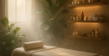 Spa treatment room showing facial steamer creating optimal humidity for skin treatments