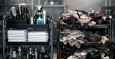 A professional utility cart stocked with clean towels and products representing a 'Clean' cart, symbolizing organization and hygiene for a salon or spa.