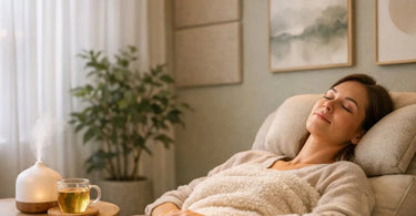 A serene and softly lit quiet room in a salon or spa, featuring a plush armchair, warm lighting, and a calm, minimalist decor to help overstimulated clients relax.