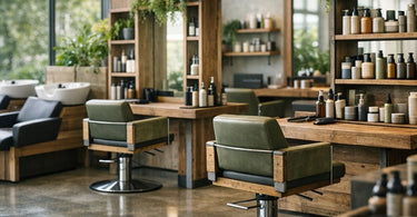 Eco-friendly salon interior with sustainable wooden furniture and plants, highlighting modern, earth-toned design for a sustainable beauty business.