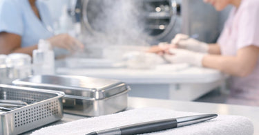 Close-up of a professional's hands using a stainless steel cuticle pusher during a manicure, with an autoclave and sterile pouches visible in the background.