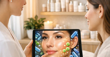Aesthetician applying a probiotic facial serum to a client's skin in a modern spa setting, showcasing professional microbiome skincare treatment.