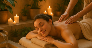 Woman enjoying a silent spa treatment with calming ambiance, warm towels, and dim lighting