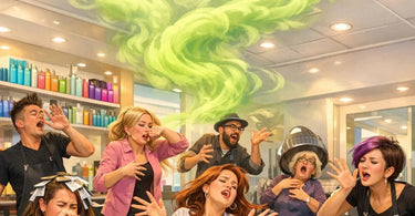 A modern, bright salon interior with a stylist working on a client, emphasizing the importance of a good ventilation system for fresh, clean air.