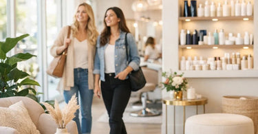A welcoming spa transition zone with a comfortable chair, soft lighting, a beverage station, and retail products displayed on a wooden table.
