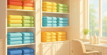 Plush white salon towels stacked neatly with spa accessories