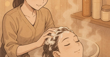 Professional hairstylist performing therapeutic shampoo with scalp massage technique at salon station