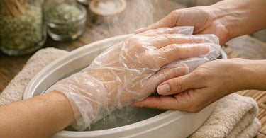 Close-up of a spa professional's hands placing a compostable paraffin wax liner over a client's hand during a luxurious treatment