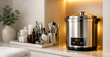 A white lotion warmer with a gold pump sits on a clean counter next to a massage table, symbolizing the need for a permanent, organized spot in a spa.