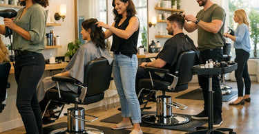 Stylist working at a salon chair with a highlighted graphic showing a healthy spine, illustrating how to fix back pain.
