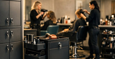 Salon professionals using secure lockable storage lockers for stylist tools and personal items in a modern spa breakroom