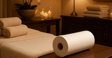 Professional spa treatment table with high-quality hygienic paper roll in use during client service