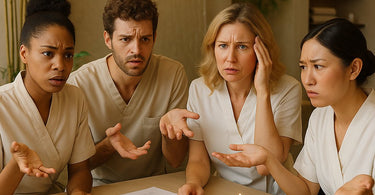 Frustrated spa team looking at incentive program chart with disappointed expressions