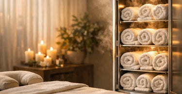 A stack of fluffy white towels neatly arranged inside a modern, stainless steel towel warmer, ready to provide a warm and comforting experience for spa and salon guests.