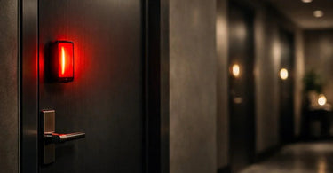 A spa therapist's hands placing a 'Do Not Disturb' sign on the handle of a closed treatment room door, emphasizing client privacy and a peaceful environment.