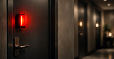 A spa therapist's hands placing a 'Do Not Disturb' sign on the handle of a closed treatment room door, emphasizing client privacy and a peaceful environment.
