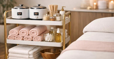A sleek and organized Fantasea Leah 3-Shelf Waxing Cart fully stocked with professional waxing supplies, including wax warmers, pre and post-wax products, and applicators, set in a modern, clean waxing room.