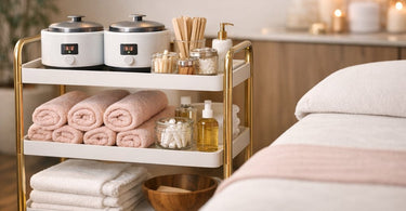 A sleek and organized Fantasea Leah 3-Shelf Waxing Cart fully stocked with professional waxing supplies, including wax warmers, pre and post-wax products, and applicators, set in a modern, clean waxing room.