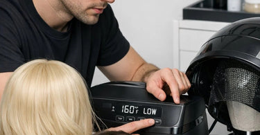 Professional wig dryer with temperature dials and a mannequin head displaying a styled wig, showcasing synthetic and human hair care settings.