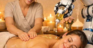 A side-by-side image contrasting a human massage therapist's hands providing caring touch on a client's back with a sleek, futuristic robotic arm, symbolizing the debate between human intuition and AI technology in wellness.