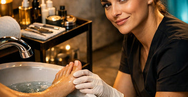 A smiling nail technician gently washing a client's feet in a modern, clean salon pedicure basin, symbolizing care and professional hygiene.
