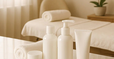 A professional spa cleaner smiling, holding a spray bottle and microfiber cloth, standing in a clean and modern spa treatment room