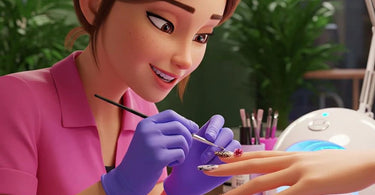 Essential nail art tools displayed on a table including brushes, dotting tools, rhinestones, and polishes for professional nail technicians