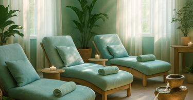 A serene spa treatment room with a phone tucked away in a decorative box, symbolizing a digital detox policy