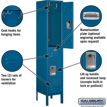 12-inch Wide Double Tier Standard Metal Locker - 1 Wide - 5 Feet High - 12-inch Deep by Salsbury – Blue – Assembled by Salsbury (view 2)