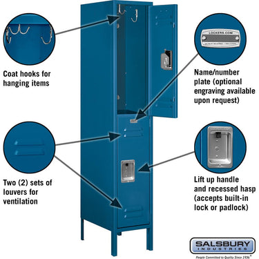 12-inch Wide Double Tier Standard Metal Locker - 1 Wide - 5 Feet High - 18-inch Deep by Salsbury – Blue – Assembled by Salsbury (view 2)
