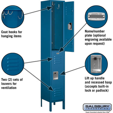 12-inch Wide Double Tier Standard Metal Locker - 1 Wide - 6 Feet High - 12-inch Deep by Salsbury – Blue – Assembled by Salsbury (view 2)
