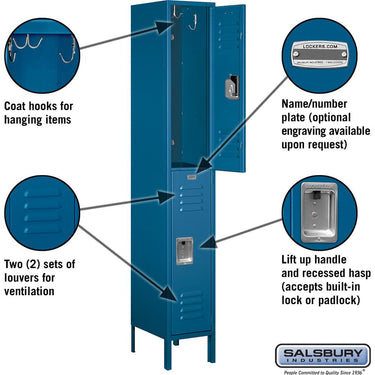 12-inch Wide Double Tier Standard Metal Locker - 1 Wide - 6 Feet High - 15-inch Deep by Salsbury – Blue – Assembled by Salsbury (view 2)