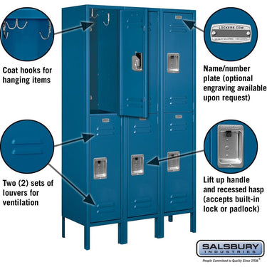 12-inch Wide Double Tier Standard Metal Locker - 3 Wide - 5 Feet High - 12-inch Deep by Salsbury – Blue – Assembled by Salsbury (view 2)