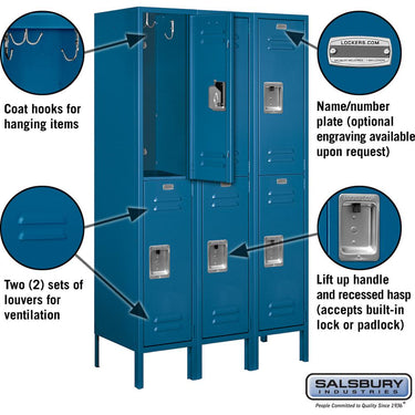 12-inch Wide Double Tier Standard Metal Locker - 3 Wide - 5 Feet High - 15-inch Deep by Salsbury – Blue – Assembled by Salsbury (view 2)