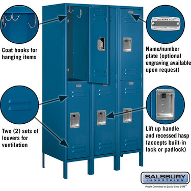 12-inch Wide Double Tier Standard Metal Locker - 3 Wide - 5 Feet High - 18-inch Deep by Salsbury – Blue – Assembled by Salsbury (view 2)