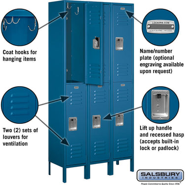 12-inch Wide Double Tier Standard Metal Locker - 3 Wide - 6 Feet High - 12-inch Deep by Salsbury – Blue – Assembled by Salsbury (view 2)